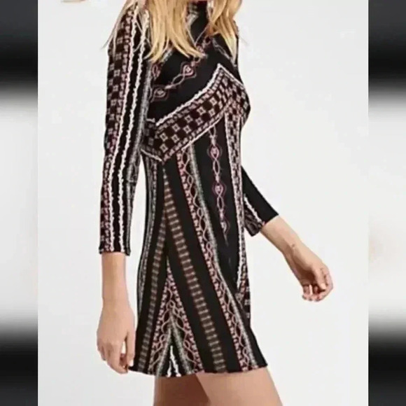 Free People Stella Black Patterned Mock Neck Long Sleeve Mini Dress XS - Picture 6 of 10